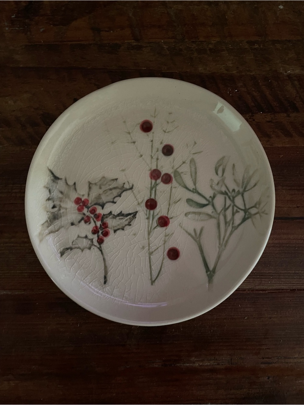 Christmas Holly Winter Botanical Ceramic Dish with Red Berry Soft Neutral